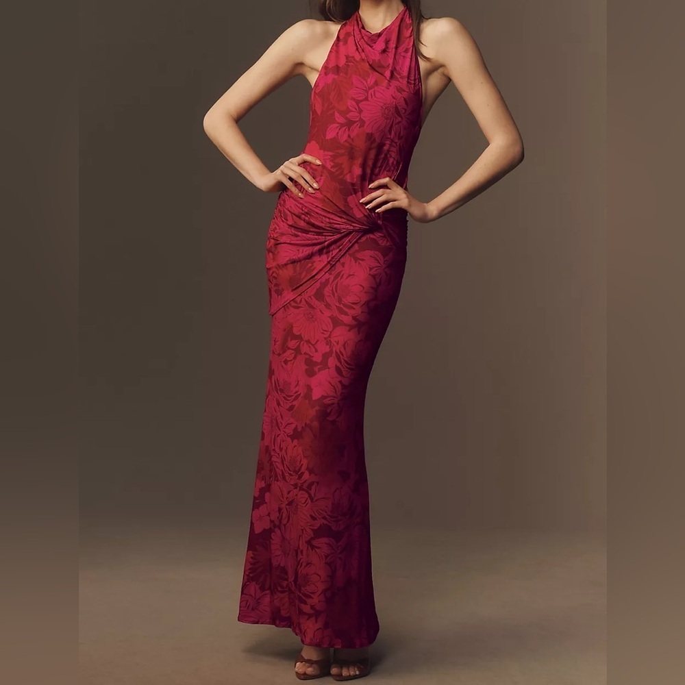 Katie May Leyla Cowled Halter Open-Back Knotted Jersey Maxi Dress Size L